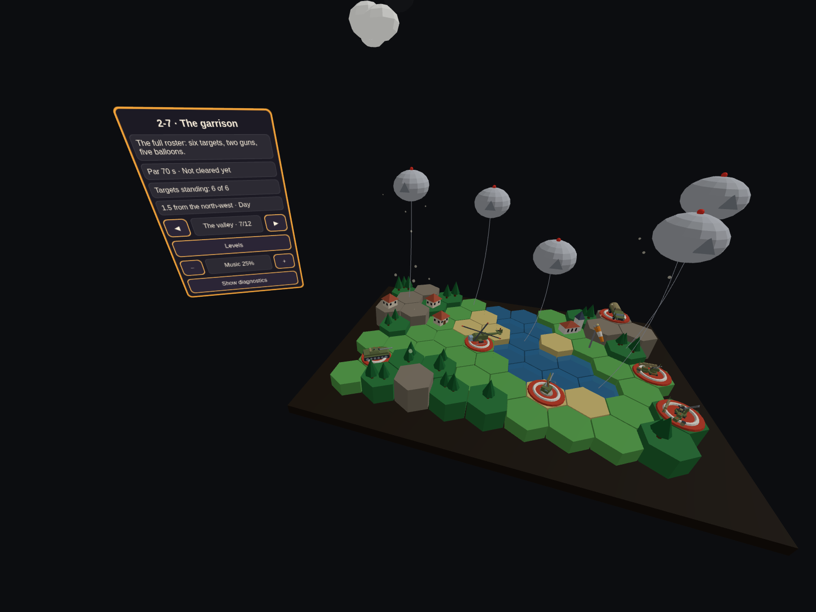 The Paper Plane XR table seen from where a player stands: a dark slab carrying seven interlocking rows of hexagonal tiles — green meadow, darker forest dotted with conical trees, a blue lake, sandy shores and a grey ridge of hills — with a tank, a helicopter, a howitzer, a supply truck and two flak guns standing on red-and-white pads, a village of houses and a church on bare ground, an orange wind sleeve on the shore, and five grey barrage balloons floating above the board on long cables. An orange-bordered panel to the left is headed 2-7 The garrison, gives the level's brief, a par of 70 seconds and the weather, and counts six targets standing.