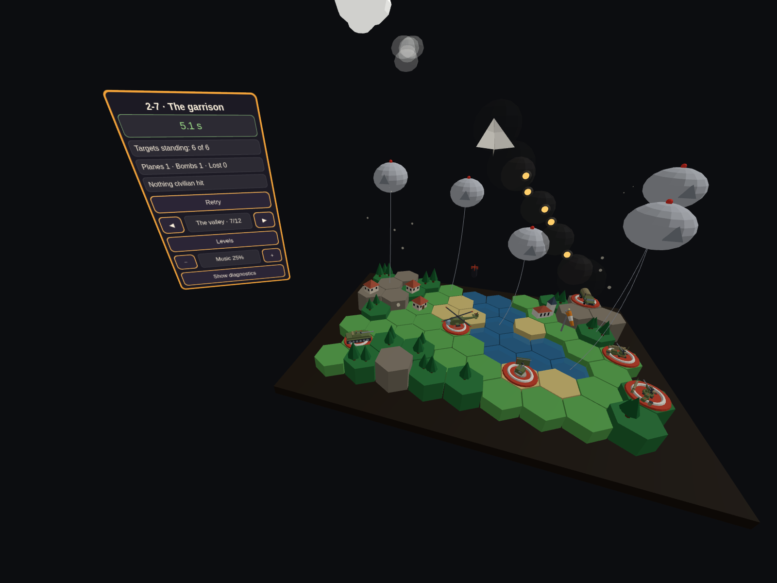 The same diorama a few seconds into a run: a white paper plane out over the barrage balloons, a string of yellow tracer rounds climbing towards it from a flak gun below and leaving a trail of dark bursts in the air, and a small bomb falling away towards the meadow. The panel now shows the level's clock at five seconds in green, one plane up and one bomb dropped.